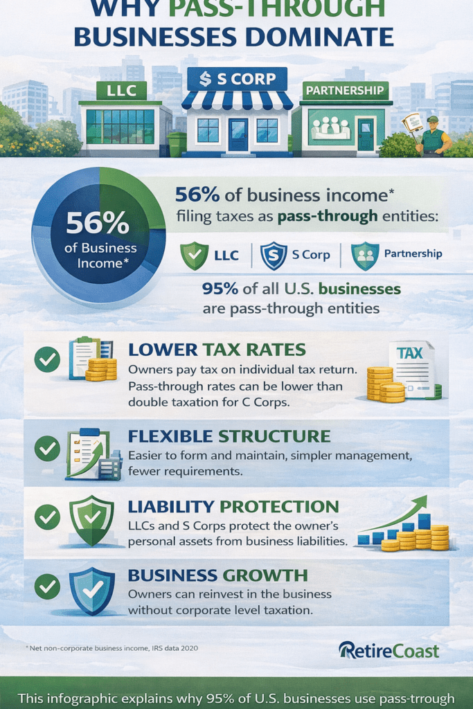 Infographic explaining why pass-through businesses such as LLCs, S corporations, partnerships, and sole proprietorships dominate U.S. small business structures due to tax advantages, flexibility, and liability protection.