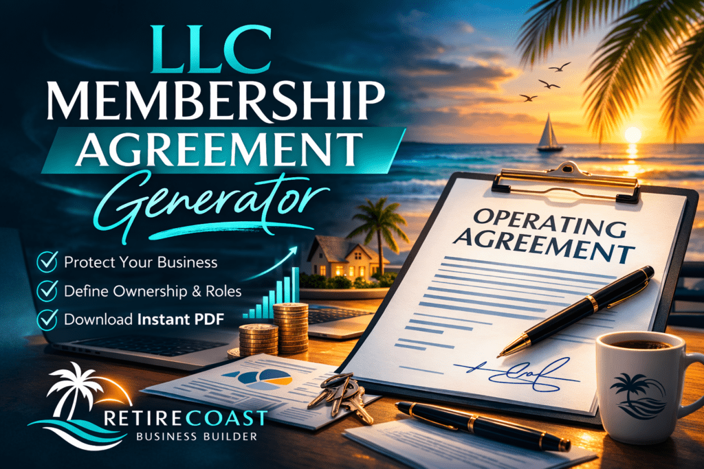 RetireCoast Business Builder LLC Membership Agreement Generator showing an operating agreement on a clipboard with a coastal sunset background, laptop, legal gavel, and financial icons representing business formation and ownership planning.