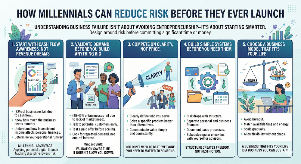 Alt Text: A horizontal infographic titled "How Millennials Can Reduce Risk Before They Ever Launch.