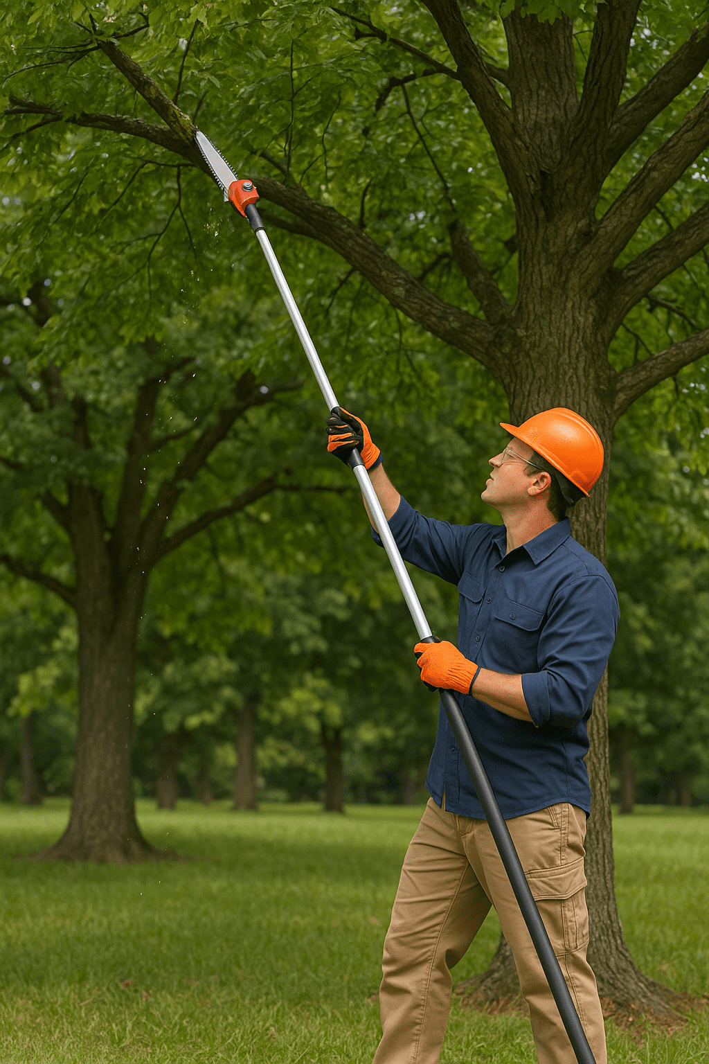 Homeowner trimming trees to protect homeowners insurance coverage