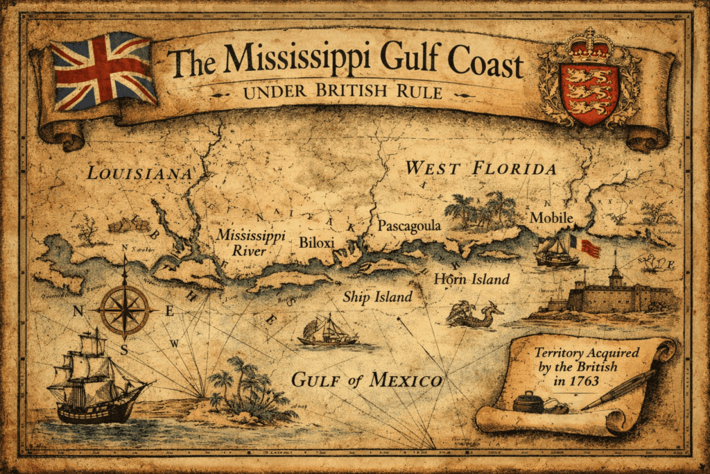Vintage map of the Mississippi Gulf Coast under British rule after 1763 showing Biloxi, Pascagoula, Mobile, and barrier islands with British flag and colonial markings