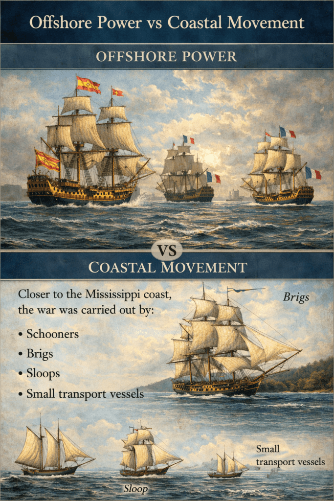 Infographic comparing offshore warships and coastal vessels in the Mississippi Gulf Coast American Revolution, showing schooners, brigs, sloops, and small transport boats used by Spanish forces under Bernardo de Gálvez
