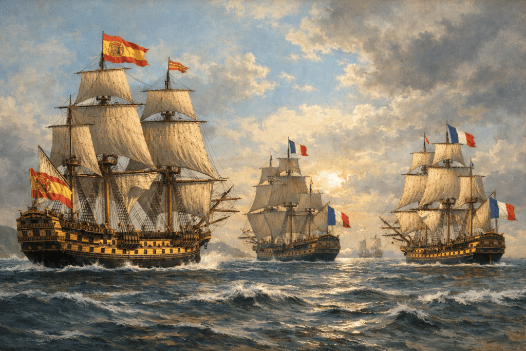 Spanish and French ships of the line including San Ramón, San Luis, Palmier, and L’Intrépide sailing offshore during the Mississippi Gulf Coast American Revolution campaign under Bernardo de Gálvez