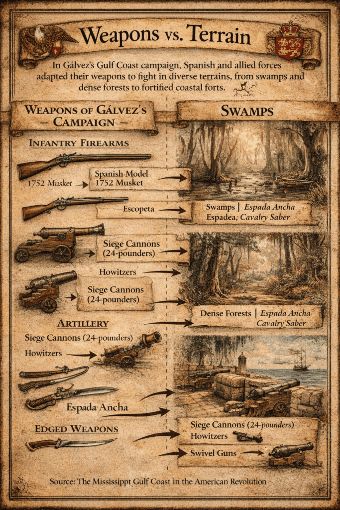 Infographic showing weapons of 1776 used by Spanish forces under Bernardo de Gálvez during the Mississippi Gulf Coast American Revolution campaign, including muskets, siege cannons, howitzers, swivel guns, and edged weapons adapted for swamps, forests, and coastal fort terrain