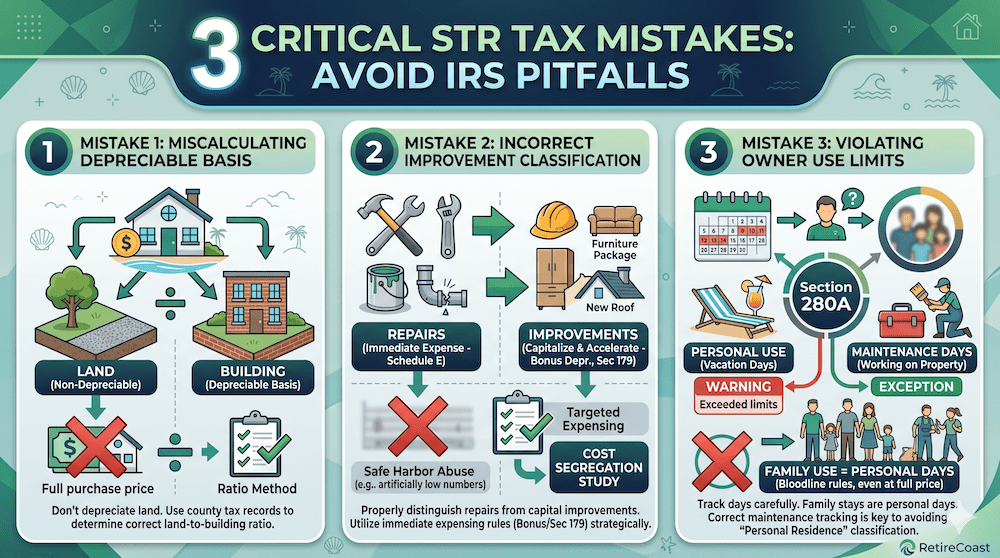 An older professional investor sitting at a desk reviewing complex IRS tax forms, property records, and a calculator. A magnifying glass rests on the documents next to a tablet displaying the text, "3 Critical Mistakes: 3 Critical Short-Term Rental Tax Mistakes That Trigger an IRS Audit."