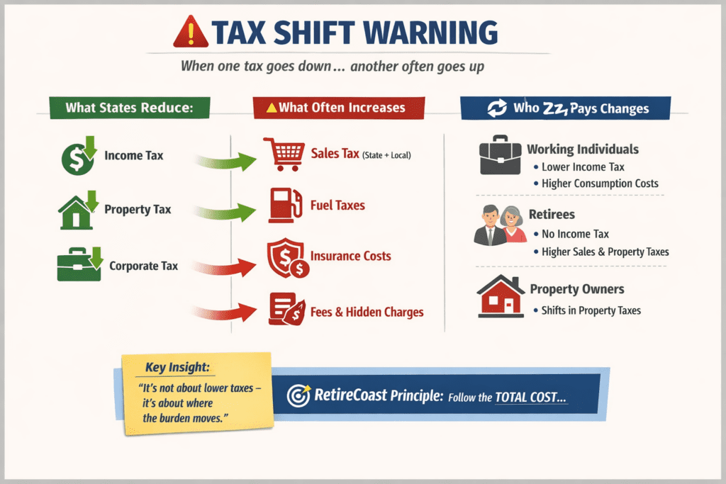 Tax shift warning infographic showing how reductions in income or property taxes often lead to increases in sales taxes, fuel taxes, and overall cost of living, affecting retirees, workers, and property owners differently.
