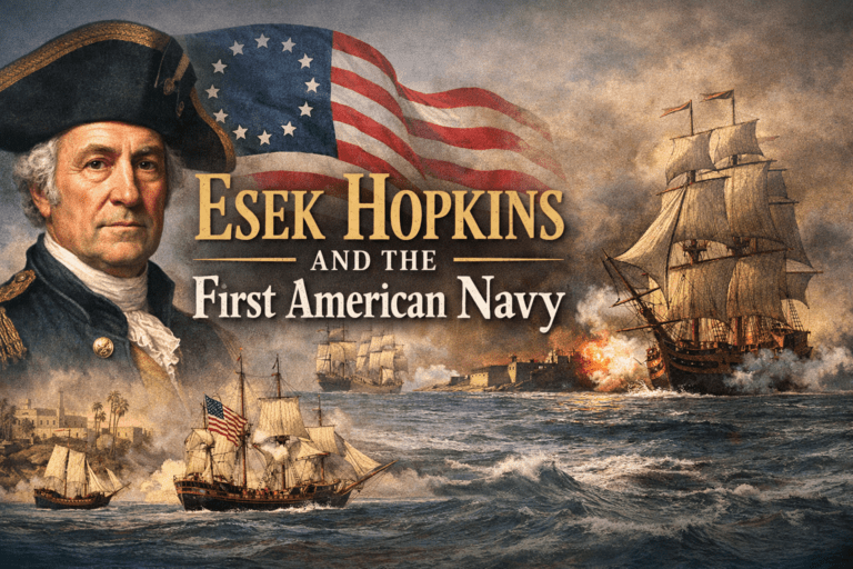 Featured image of Esek Hopkins, the first commander of the Continental Navy, alongside Revolutionary War ships in battle, symbolizing the birth of the American Navy.