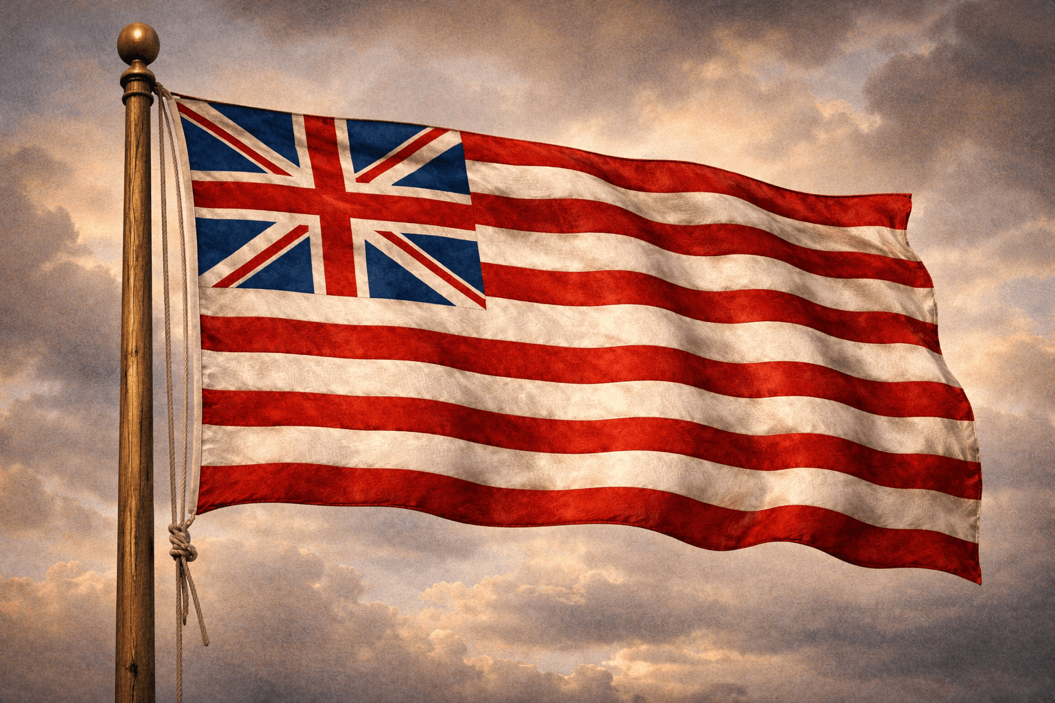 Grand Union Flag with British Union Jack and thirteen red and white stripes used by the early American Navy