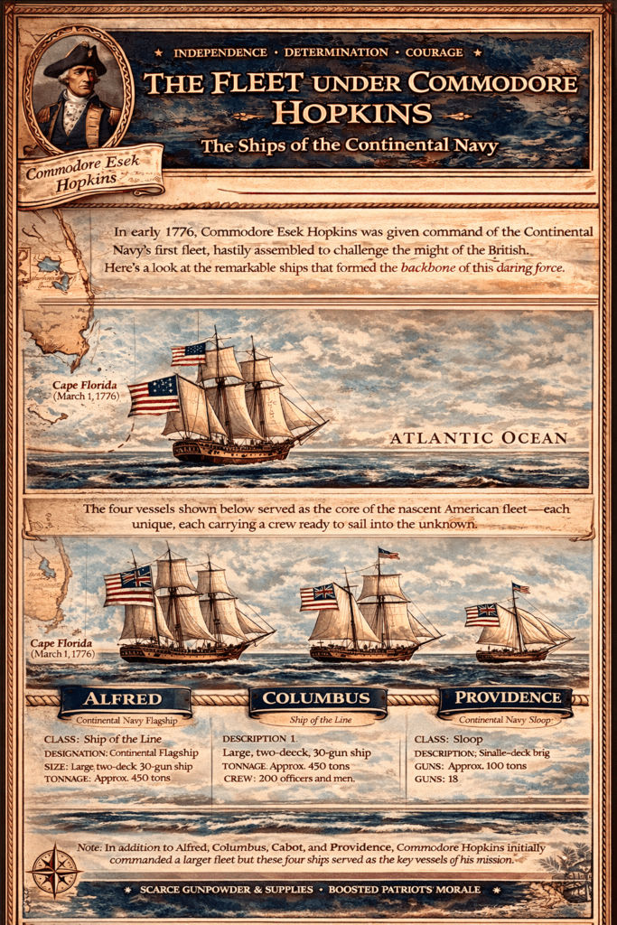 Infographic showing the core ships of Commodore Esek Hopkins’ Continental Navy fleet in 1776, including Alfred, Columbus, Cabot, and Providence, with illustrations and basic details of each vessel.