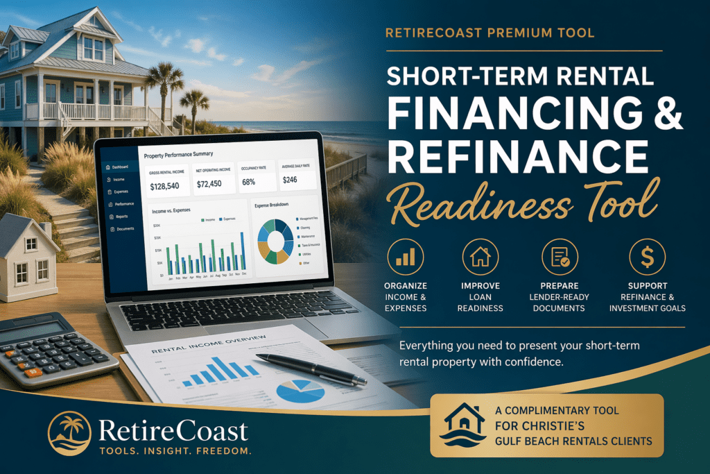 Short-term rental financing and refinance readiness tool banner featuring a coastal beach house, laptop with rental income dashboard, calculator, and lender-ready financial documents for property analysis