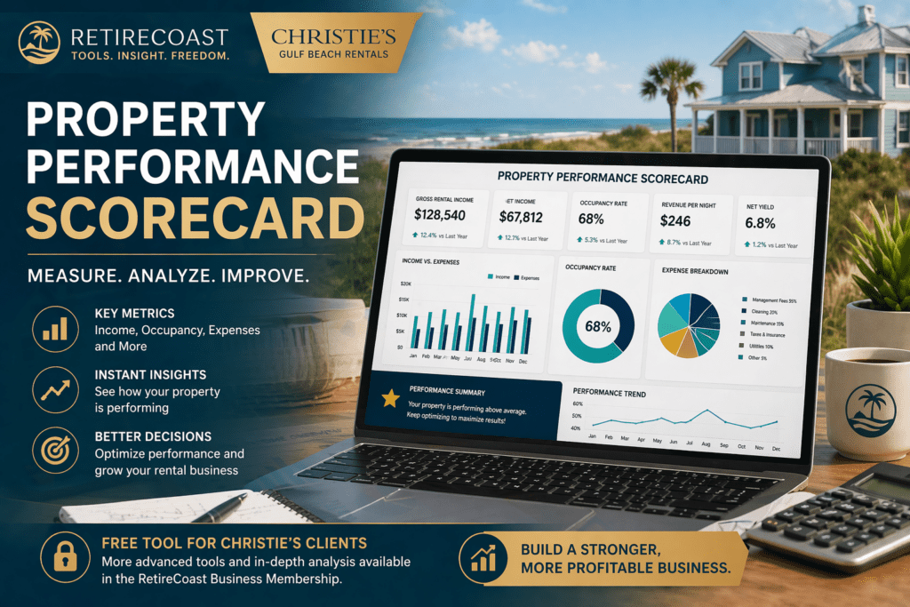 Property performance scorecard tool banner showing a coastal beach rental, laptop with analytics dashboard, and metrics for income, occupancy, expenses, and yield for short-term rental analysis