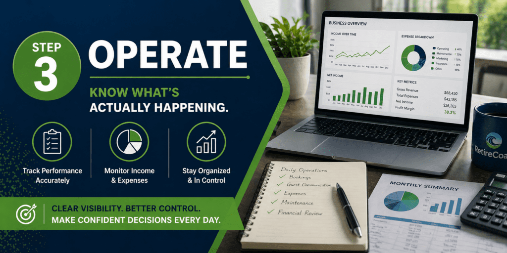 Business membership step 3 operate showing business operations tracking income expenses and performance