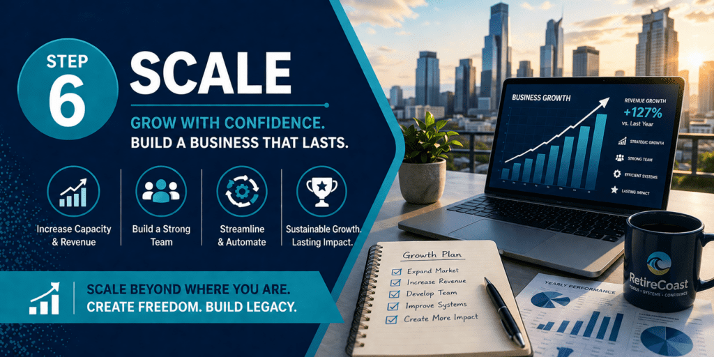 Business membership step 6 scale showing business growth expansion and long term strategy
