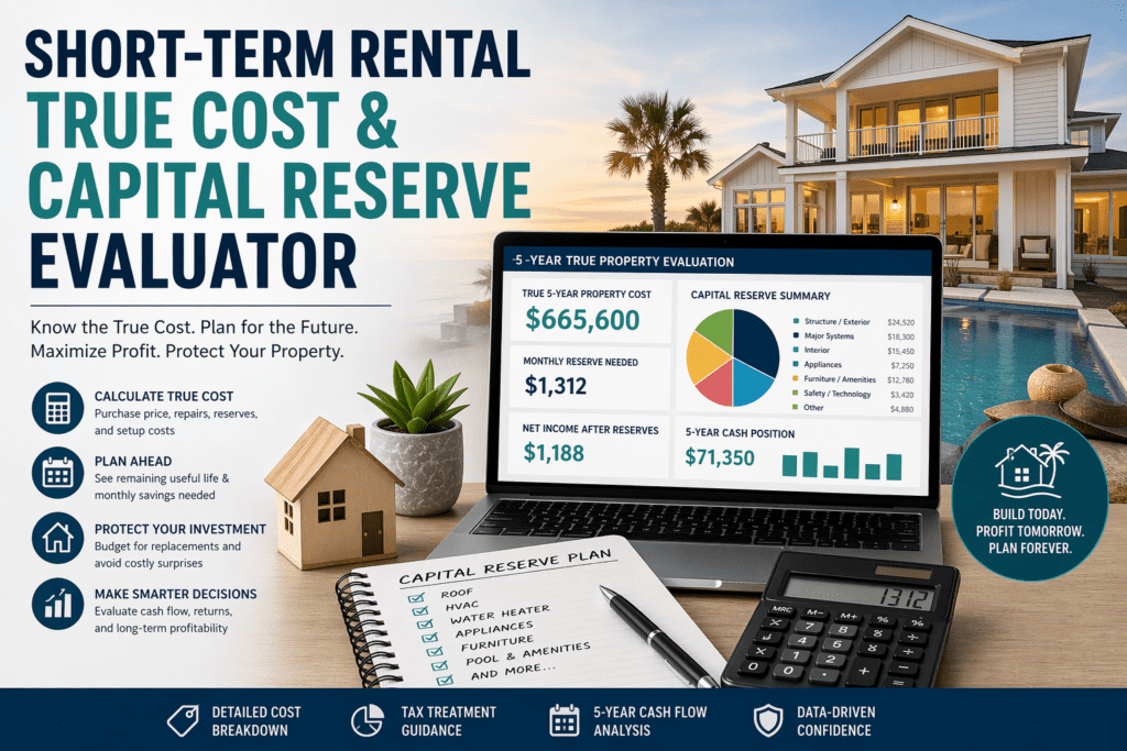 Short-term rental true cost and capital reserve evaluator dashboard showing five-year property cost analysis, replacement reserves, and investment performance metrics