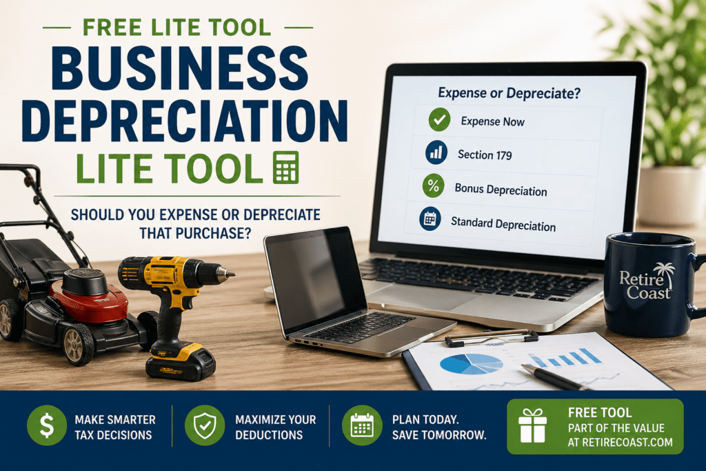 Business Depreciation Lite Tool featured image showing a laptop with “Expense or Depreciate” options alongside tools like a lawnmower and drill, illustrating decisions on expensing vs depreciating business purchases
