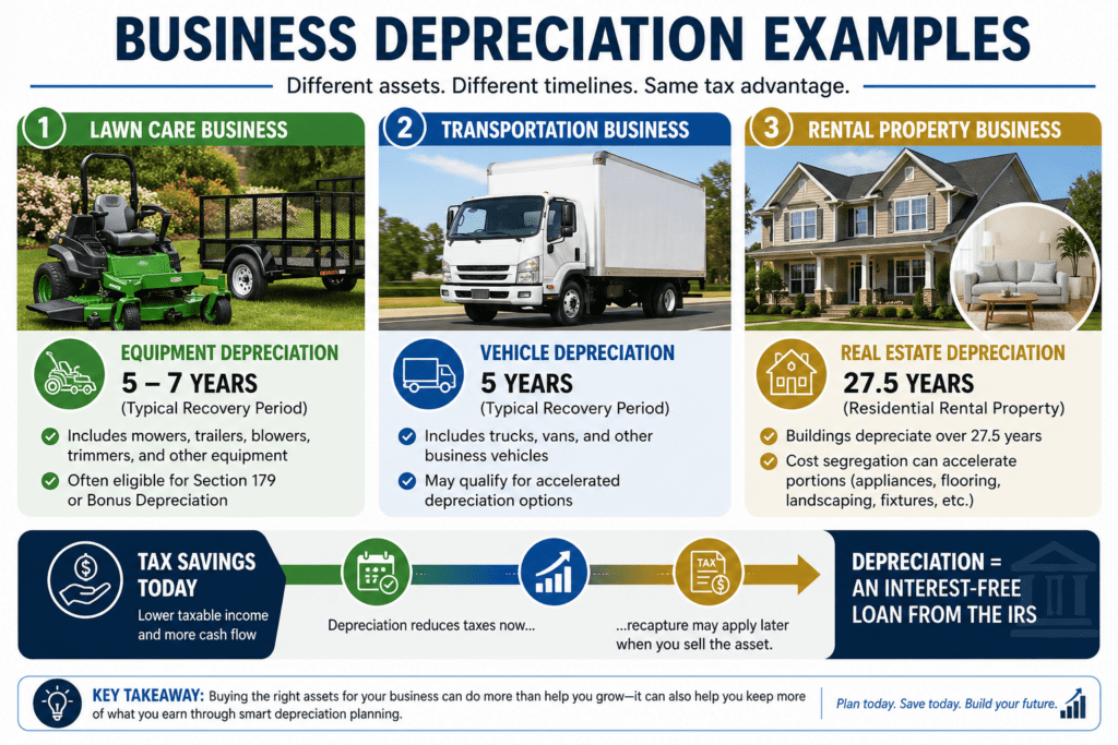 Business depreciation infographic showing examples for lawn care equipment, transportation trucks, and rental property with timelines for 5–7 years, 5 years, and 27.5 years, illustrating tax savings and depreciation recapture.
