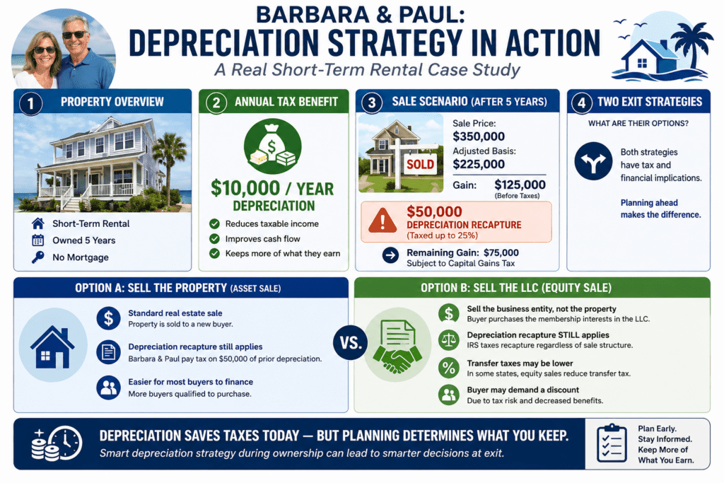 Infographic showing Barbara and Paul short term rental depreciation case study including annual tax savings, sale scenario, and depreciation recapture impact