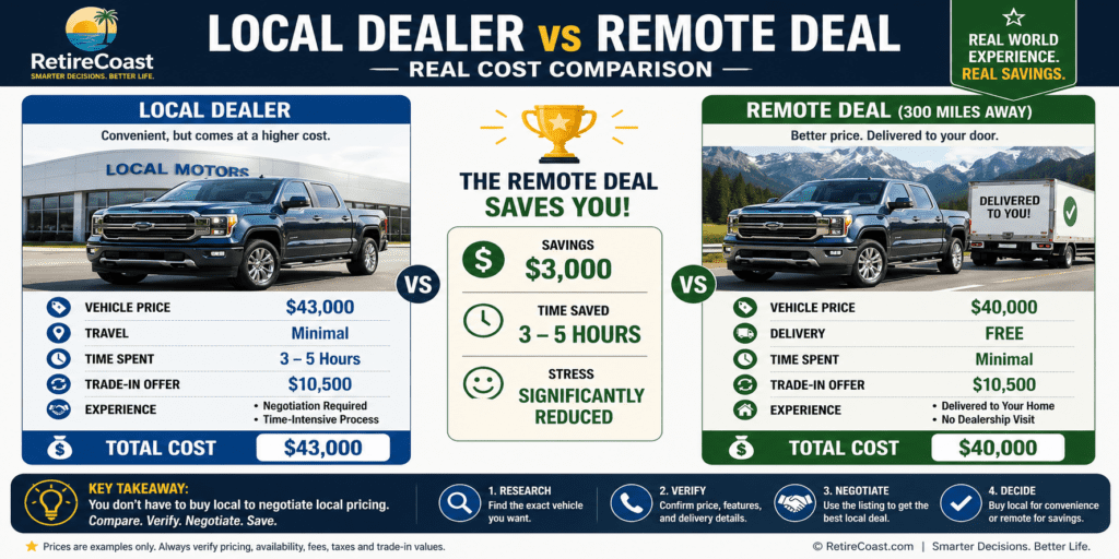 infographic showing local dealer vs remote deal buying a car