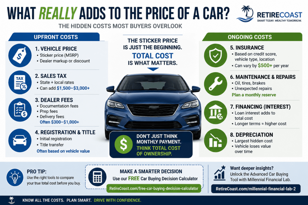 Infographic showing hidden costs of buying a car including vehicle price, sales tax, dealer fees, insurance, registration, financing, and depreciation.