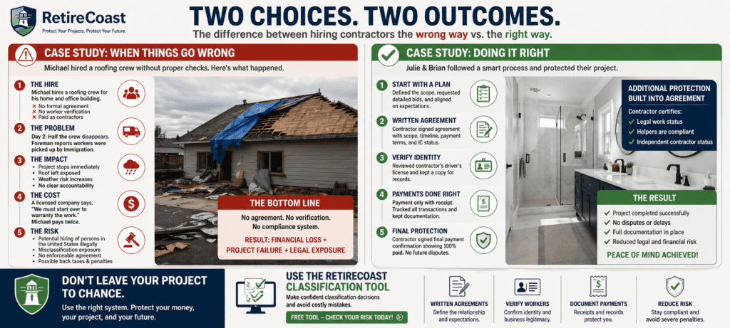 Infographic comparing employee vs contractor hiring outcomes showing failed project without agreements versus successful project with proper documentation, verification, and compliance steps