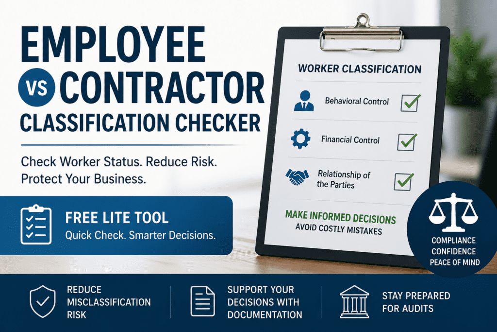 Employee vs contractor classification checker featured image showing a business compliance checklist with behavioral, financial, and relationship factors to evaluate worker classification and reduce misclassification risk.