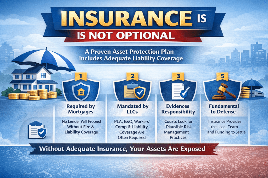 Infographic titled “Insurance Is Not Optional” showing key reasons liability insurance is essential in an asset protection plan, including mortgage requirements, legal defense, and protection of assets from lawsuits.