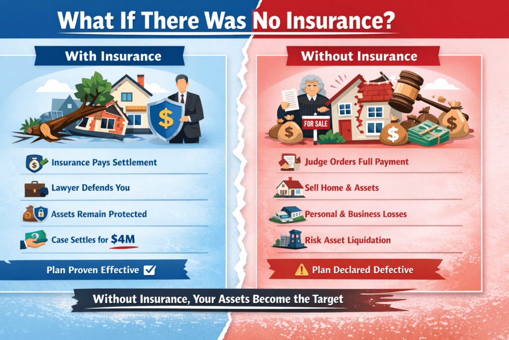 Infographic comparing asset protection outcomes with and without insurance, showing how liability coverage and umbrella policies protect assets versus forced liquidation and court-ordered payment without insurance.