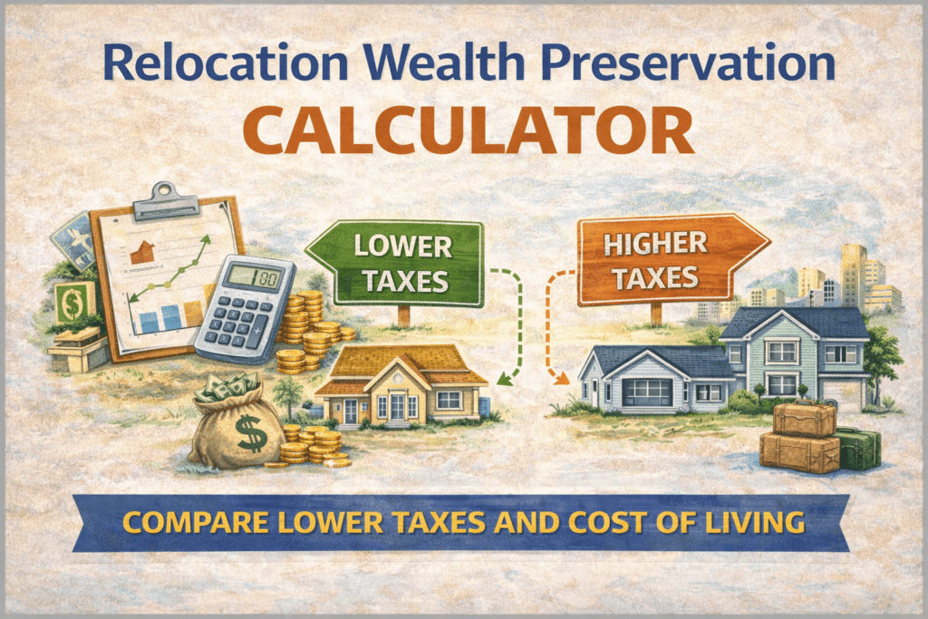 Featured image for relocation wealth preservation calculator showing comparison between lower taxes and higher taxes with homes, money, and cost of living elements