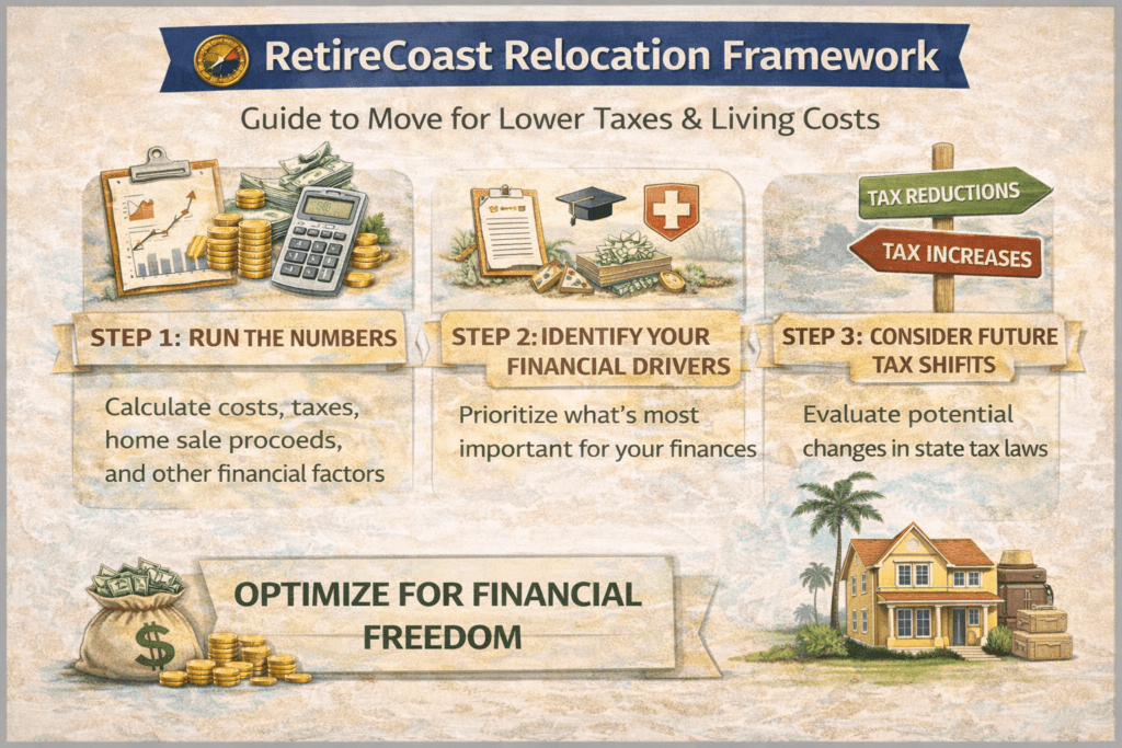 RetireCoast relocation framework infographic showing four steps: run the numbers, identify financial drivers, consider future tax shifts, and match the move to your financial profile