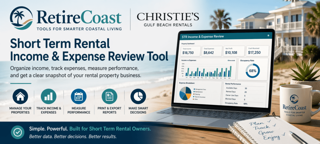 Short term rental income and expense review tool dashboard on laptop with RetireCoast and Christie’s Gulf Beach Rentals branding, showing rental property financial tracking and performance metrics by the beach