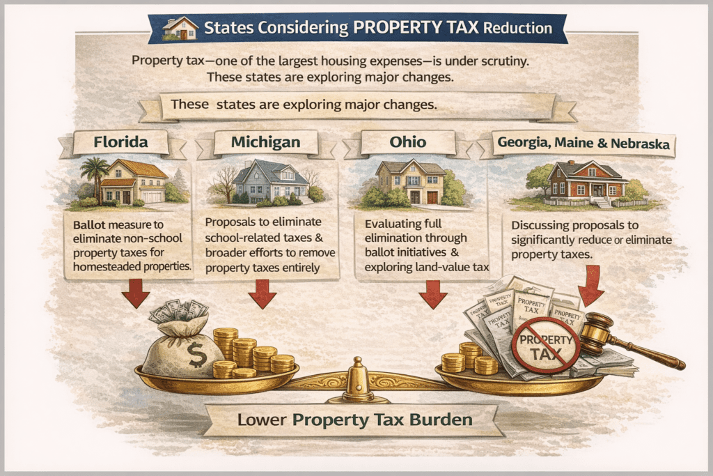 Infographic showing states considering property tax reduction or elimination, including Florida, Michigan, Ohio, Georgia, Maine, and Nebraska, with proposals ranging from homestead exemptions to full elimination and land-value tax models