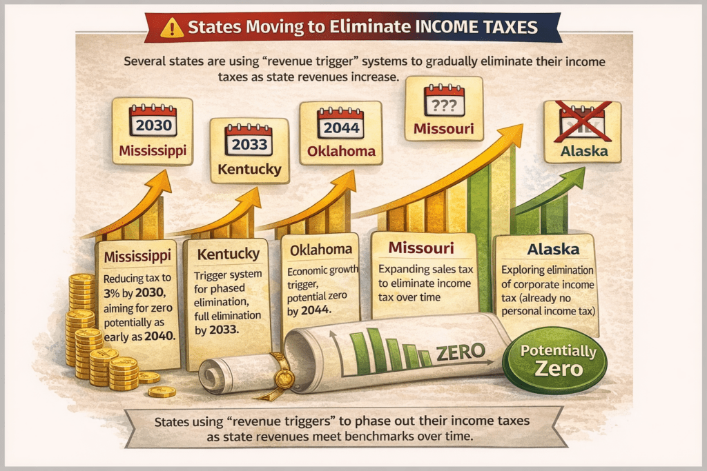 🔻 States Moving to Eliminate Income Taxes
While states like Texas and Florida have long attracted residents with no personal income tax, several other states are now following a structured path to eliminate theirs.
These states are using “revenue trigger” systems, meaning taxes are reduced automatically as state revenues meet certain benchmarks.
Notable Examples:
Mississippi
Currently reducing its income tax to 3% by 2030, with a framework in place to continue lowering it to zero—potentially as early as 2040.
Kentucky
Using a reserve-based trigger model, with a legal path toward full elimination by 2033.
Oklahoma
Passed legislation tying income tax reductions to economic growth, potentially reaching zero by 2044.
Missouri
Exploring expansion of sales tax to offset and eliminate income tax over time.
Alaska
Already has no personal income tax and is now exploring eliminating corporate income tax.