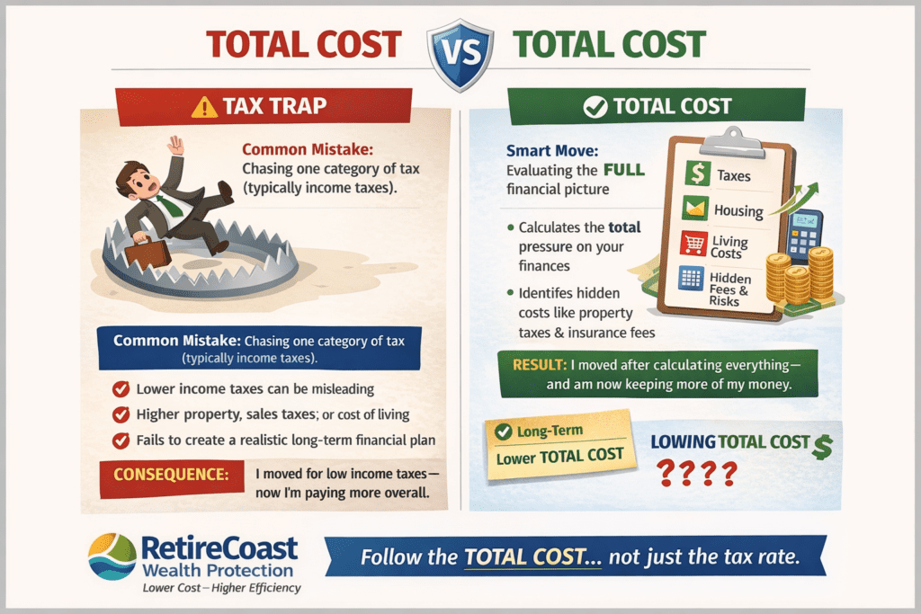 Total cost vs tax trap infographic showing why focusing only on low income taxes can lead to higher overall expenses including property tax, housing, and cost of living