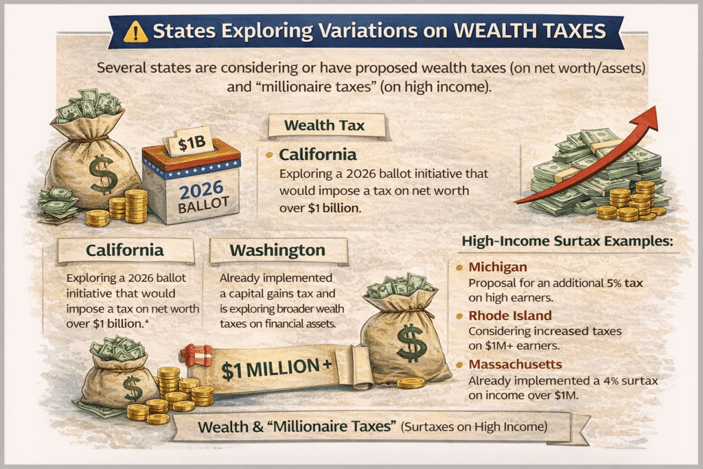 Infographic showing states exploring wealth taxes and high-income surtaxes, including California, Washington, New York, Illinois, Maryland, Connecticut, Michigan, Rhode Island, and Massachusetts, with proposals targeting net worth and high earners