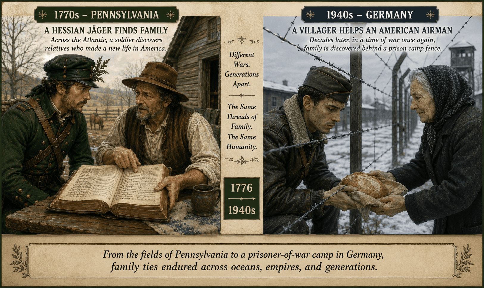 Dual historical illustration showing a Hessian Jäger discovering German family relatives in Pennsylvania in the 1770s beside a World War II scene of a German villager passing bread through a prisoner-of-war camp fence to an American airman.