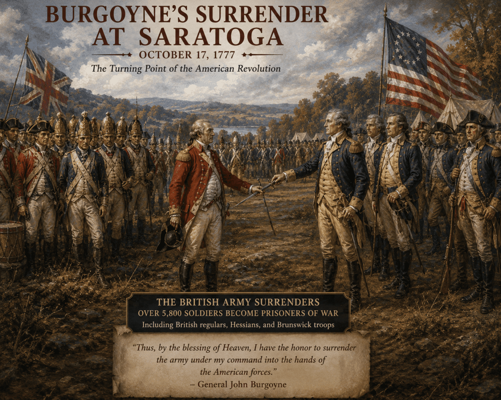 Historical illustration of General John Burgoyne surrendering the British army at Saratoga in October 1777, surrounded by British, Hessian, and Brunswick troops wearing period uniforms and miter hats while American officers receive the surrender during the American Revolution.