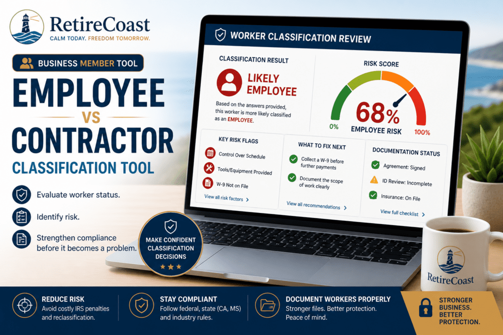 Advanced employee vs contractor classification tool showing worker risk score, compliance flags, and classification results for small business owners