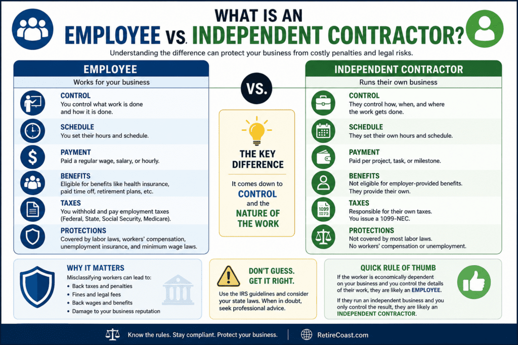 Infographic comparing employee vs independent contractor showing differences in control, schedule, payment, benefits, taxes, and legal protections based on IRS classification rules