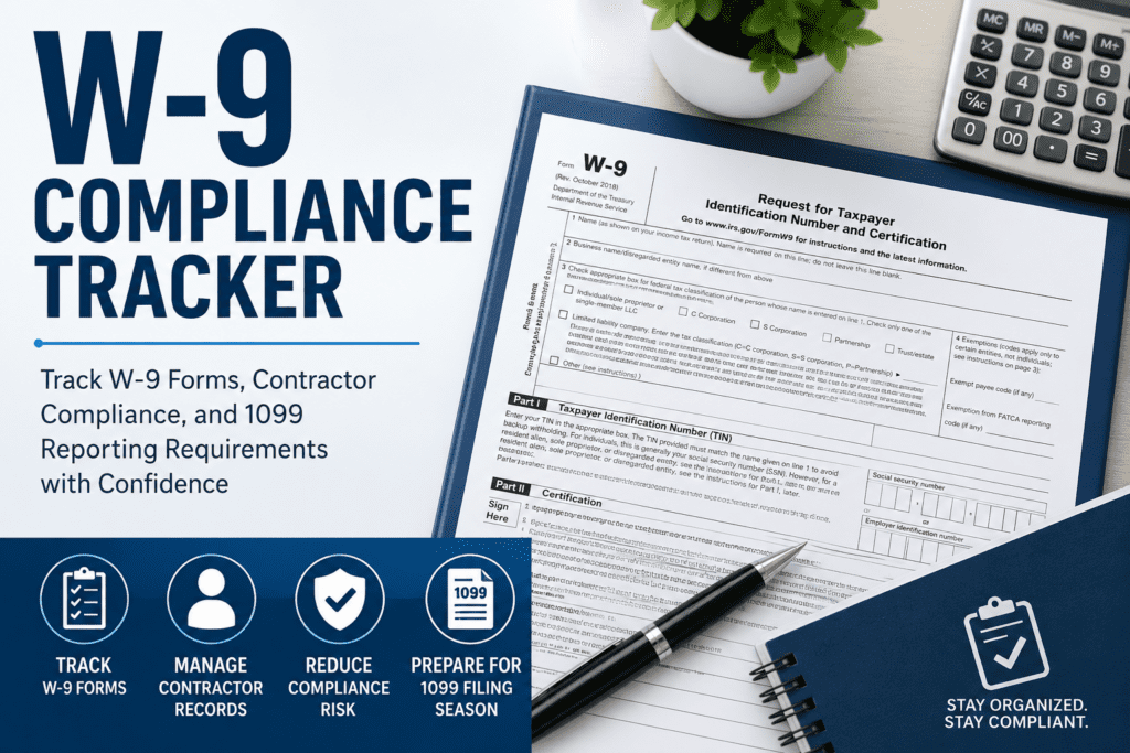 Business-themed featured image for the RetireCoast W-9 Compliance Tracker tool showing a W-9 tax form, calculator, clipboard icons, and compliance management graphics for tracking contractor records, IRS reporting requirements, and 1099 filing preparation.