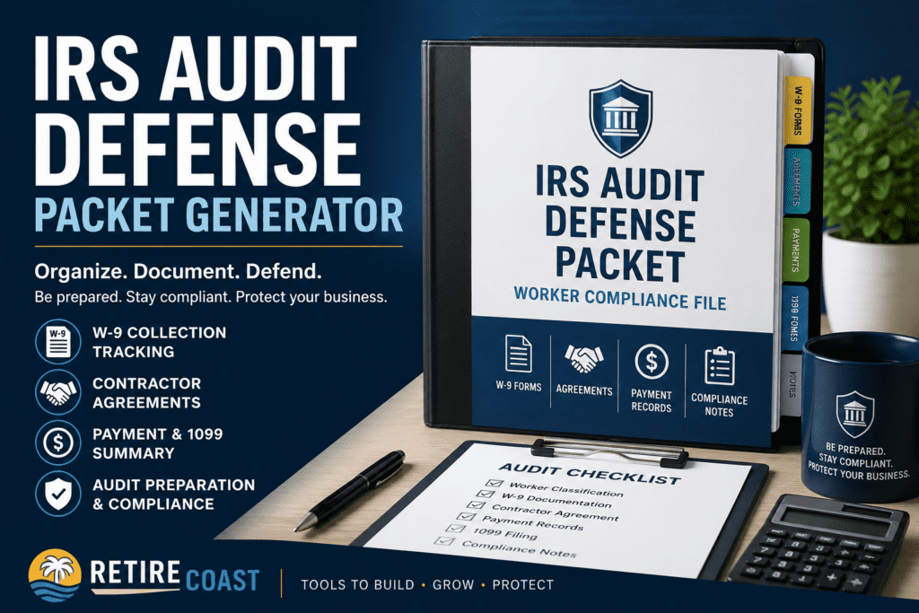Modern RetireCoast featured image for the IRS Audit Defense Packet Generator showing a professional audit compliance binder, W-9 tracking, contractor agreements, payment records, 1099 compliance documents, and small business audit preparation tools.