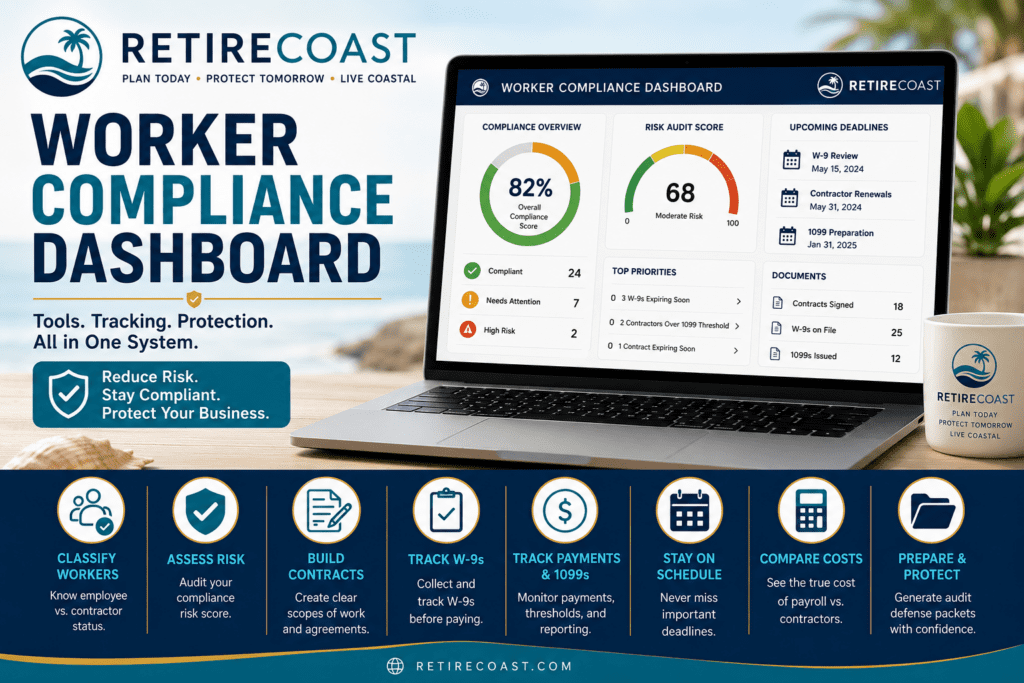 RetireCoast Worker Compliance Dashboard promotional graphic showing a business compliance system with tools for employee vs contractor classification, W-9 tracking, payment and 1099 tracking, contractor scope building, payroll vs contractor cost comparison, audit defense packet generation, and compliance calendar management.