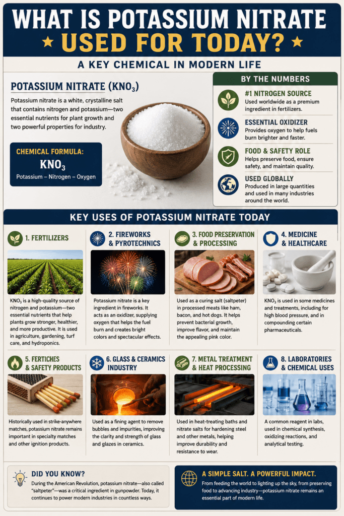 Educational infographic explaining modern uses of potassium nitrate, including fertilizer, solar energy storage, food preservation, toothpaste for sensitive teeth, fireworks, and industrial applications.