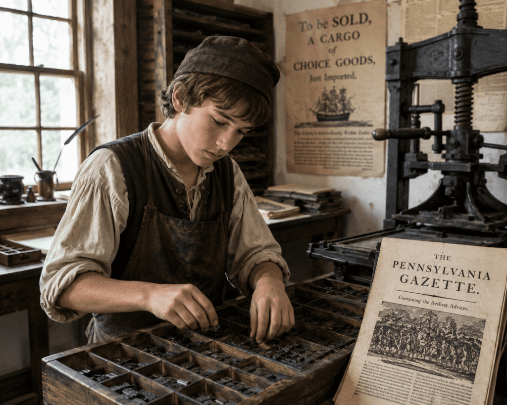 Young colonial printer’s apprentice setting metal type by hand inside an 18th-century print shop during the American Revolution, surrounded by printing equipment, newspaper pages, and wooden type trays.