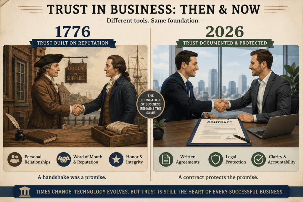 Infographic comparing business trust in 1776 and 2026, showing colonial merchants sealing agreements with a handshake versus modern business professionals signing written contracts with legal protections and documentation.