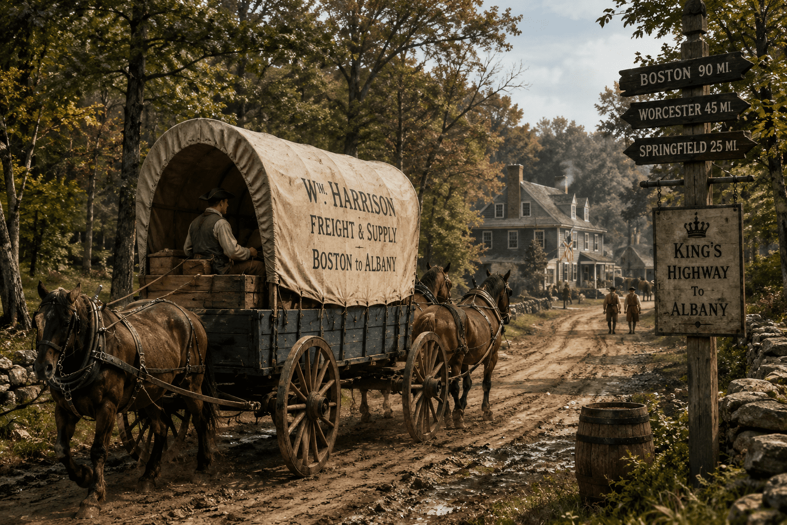Colonial freight wagon traveling a dirt road in 1776 America