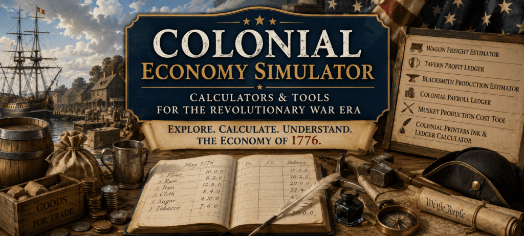 Featured image for the Colonial Economy Simulator showing a Revolutionary War-era harbor, colonial ledgers, merchant tools, blacksmith equipment, and 1776 business calculators including wagon freight, tavern profits, payroll, musket production, and colonial printing cost estimators.