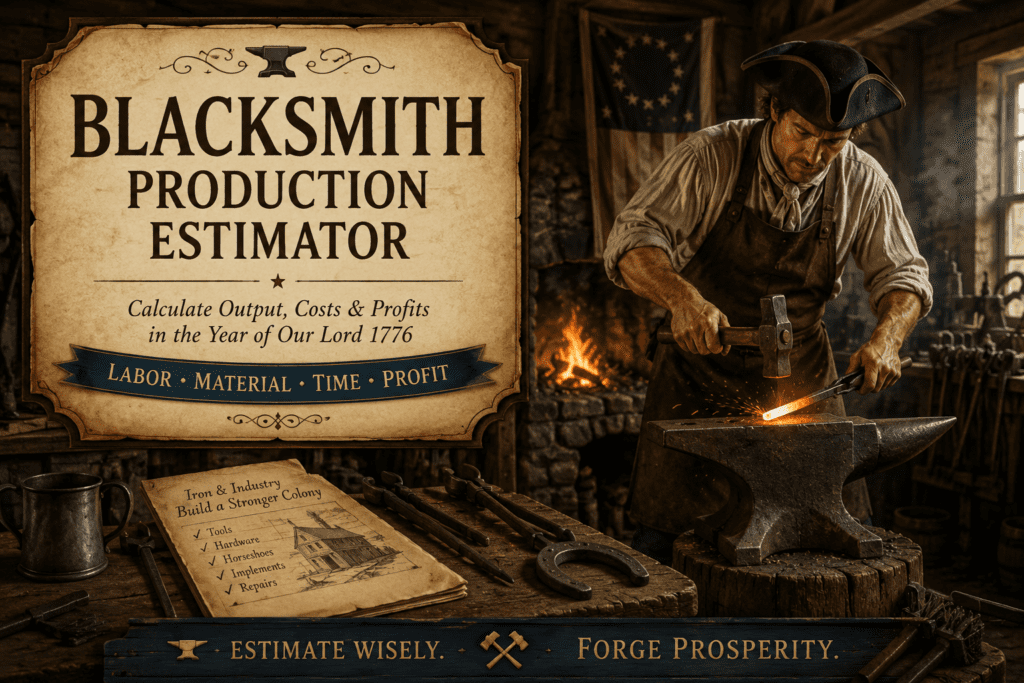 Colonial blacksmith forging hot iron on an anvil inside an 18th-century American forge workshop with tools, horseshoes, and historical production ledger graphics promoting the Blacksmith Production Estimator tool.