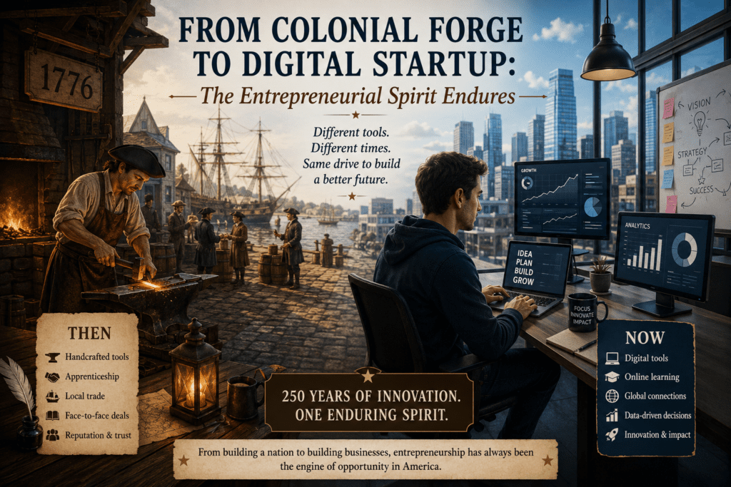 Split-scene infographic comparing a colonial blacksmith forge in 1776 with a modern digital startup office in 2026, illustrating how entrepreneurship evolved from handcrafted manufacturing and local trade to technology-driven innovation while preserving the same entrepreneurial spirit across generations.