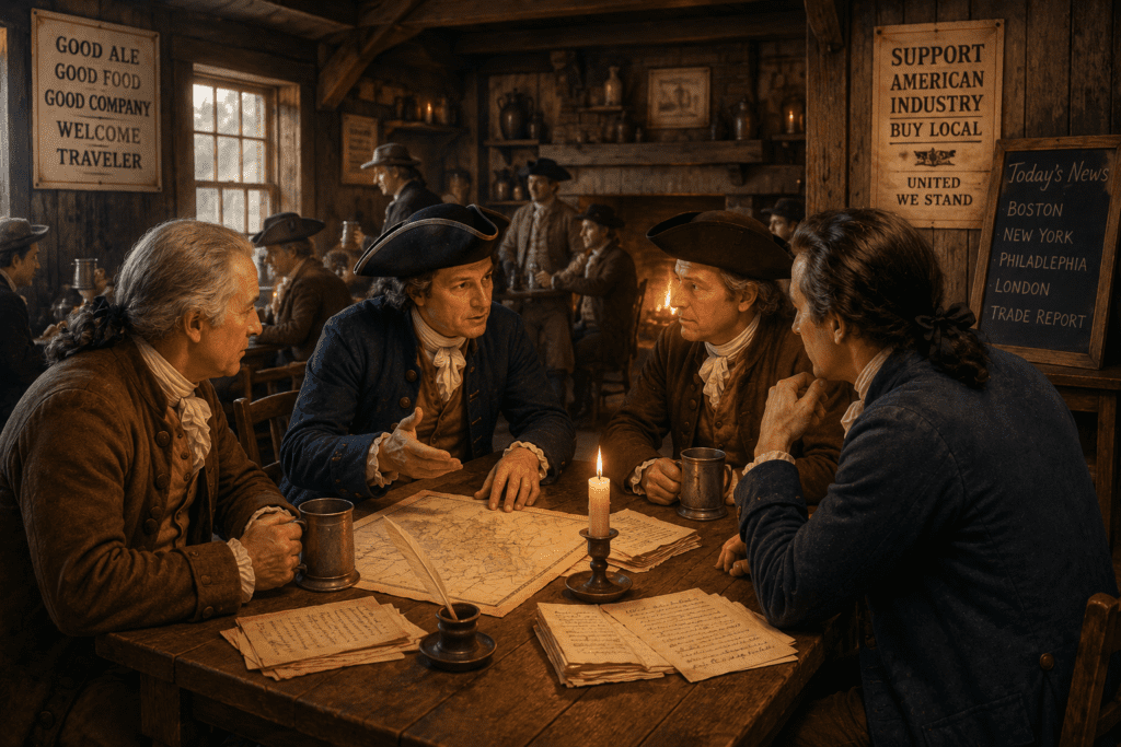 Colonial-era businessmen gathered around a tavern table by candlelight in 1776, discussing trade, shipping, and business opportunities while reviewing maps and handwritten documents inside a rustic American tavern.