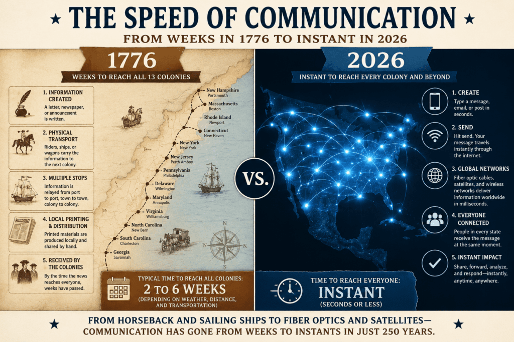 Infographic comparing the speed of communication in 1776 versus 2026, showing how messages during the American Revolution traveled by horseback, wagon, ship, and printed newspapers over several weeks, compared to instant digital communication through smartphones, satellites, fiber optics, and the internet today.